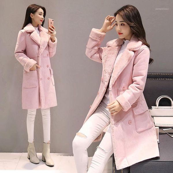 

pink gray cashmere faxu suede leather overcoats women autumn winter thick parka button up pocket long coats wdc34581, Black