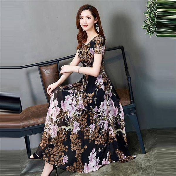 

z25 fashion flower print slim dress women summer o neck fit slim short sleeves ladies beach dresses boho long sundress vestidos, Black;gray