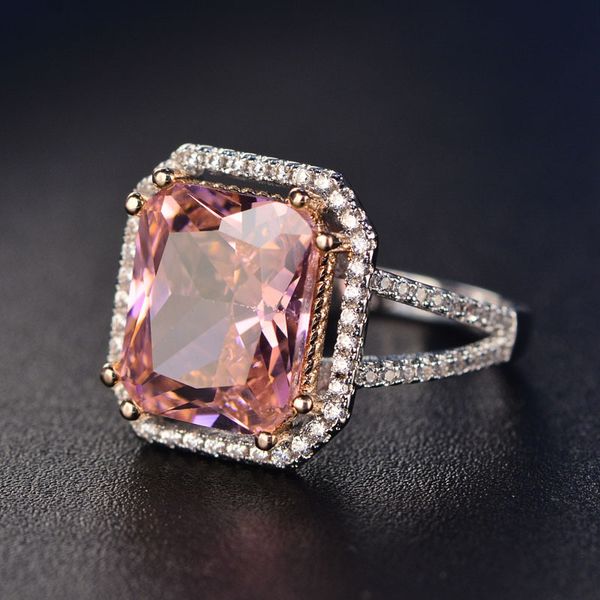 

s925 rings for women sterling silver pink big square z diamant fine jewelry bridal wedding engagement ring luxury bijoux y18102510, Slivery;golden