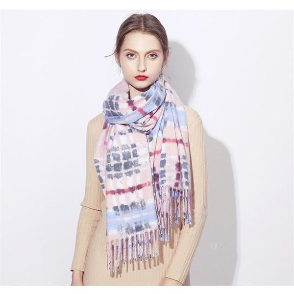 

2020 Hot Sale Plaid Cashmere Women Scarf Winter Warm Shawl and Wraps Bandana Soft Long Tassel Female Foulard Bufandas, Blue;gray