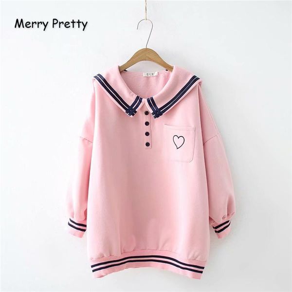 

merry pretty women's cartoon heart embroidery sailor collar hoodies sweatshirts 2020 winter plus velvet harajuku cute pullovers1, Black