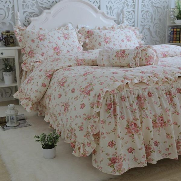 

bedding sets garden flower print set quality full cotton ruffle duvet cover elegant bed sheet skirt type princess bedspread1