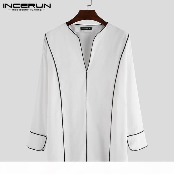 

incerun fashion men casual shirt high street v neck korean style long sleeve 2020 brand blouse color-block loose camisa s-5xl, White;black