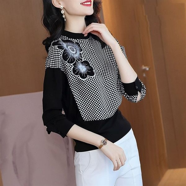 

long-sleeve blouse of women in chess and women's chiffon mujer shirts zmty, White