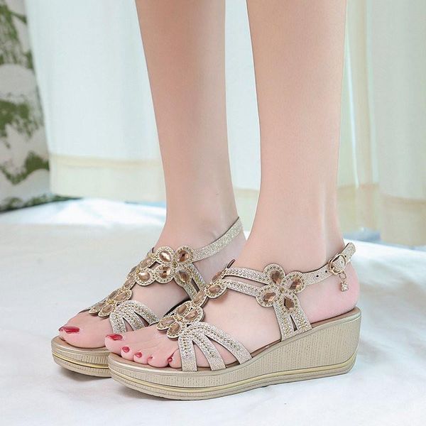 

cootelili woman sandals women 2020 fashion wedges sandalias buckle basic 6cm heel 2020 new fashion diamond decoration sandal, Black