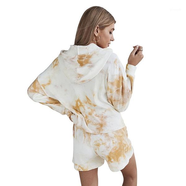 

women casual loose tie dye tracksuit hoodie crop shorts two pieces set1, Gray