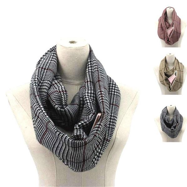 

2019 plaid winter scarf with pocket knitted warm convertible journey women man wrap with secret hidden zipper pocket infinity sqcsqx, Blue;gray
