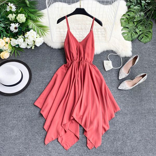 Coreano uma linha sólida mulheres kawaii vestido feminino strapless sem mangas festa vestido senhoras spaghetti strap joelho-comprimento bonito roupas y0118