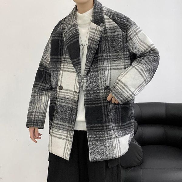 

men's warm woolen coat women's korean streetwear classic short coat 2020 autumn winter plaid harajuku woolen1, Black