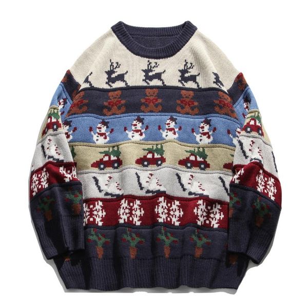 

hip hop streetwear mens knitted sweater harajuku ugly christmas elk snowman sweater oversize cotton loose pullover men clothing, White;black