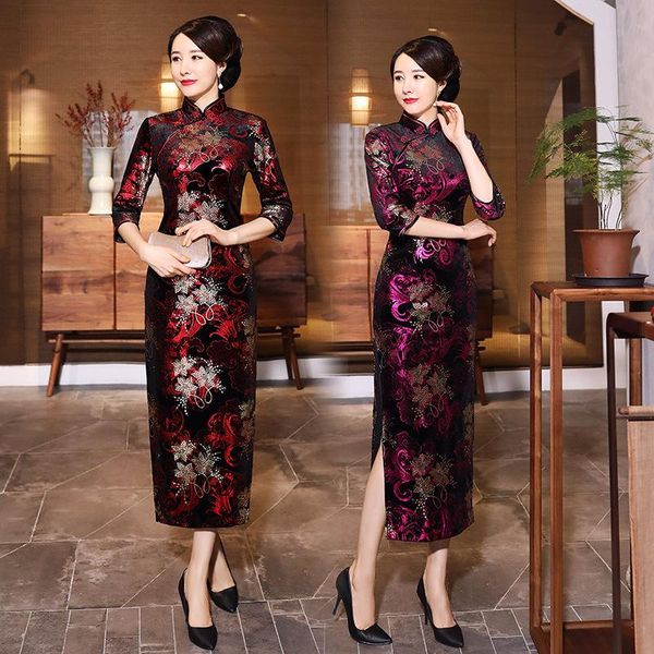 

ethnic clothing chinese traditional long cheongsam women velvet dress prom qipao size -4xl, Red