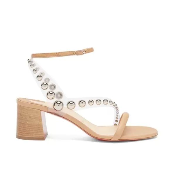 

luxurious summer corrine sliver studded & pvc strap sandals ladies red bottoms women's chunky heels studded sandalias elegant wedding d, Black