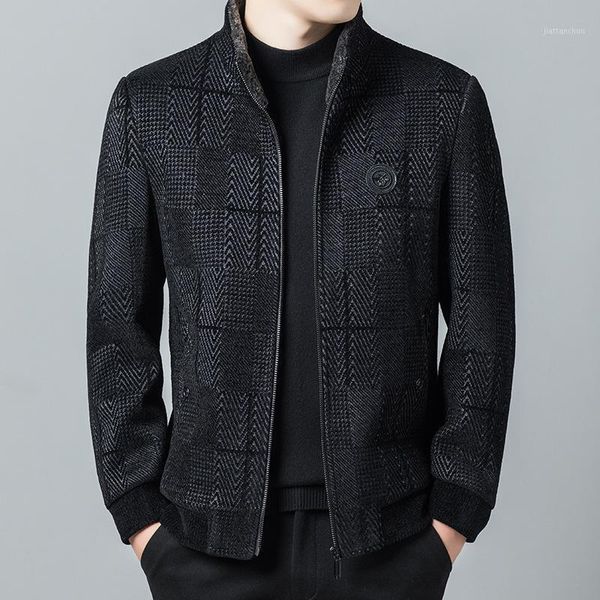 

winter middle aged men's woolen jacket father's jacket men's woolen fabric zipper thickened stand collar business coat1, Black
