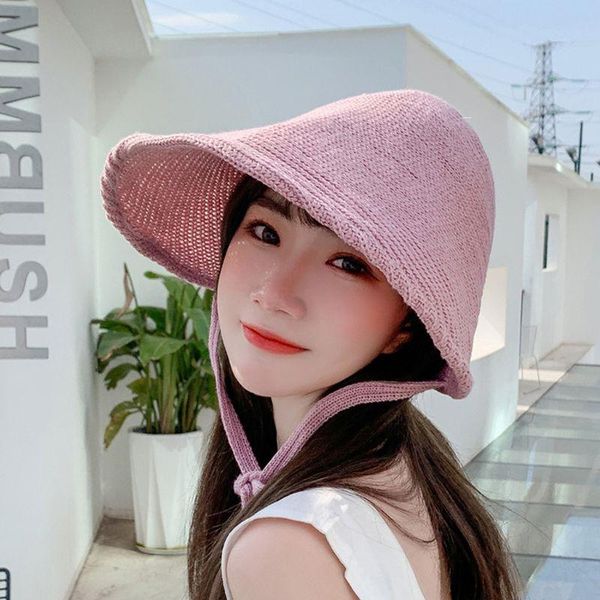 

korean women witch knitted bonnet sun hat linen weave large wide brim uv protection fisherman cap with ribbon strap, Blue;gray
