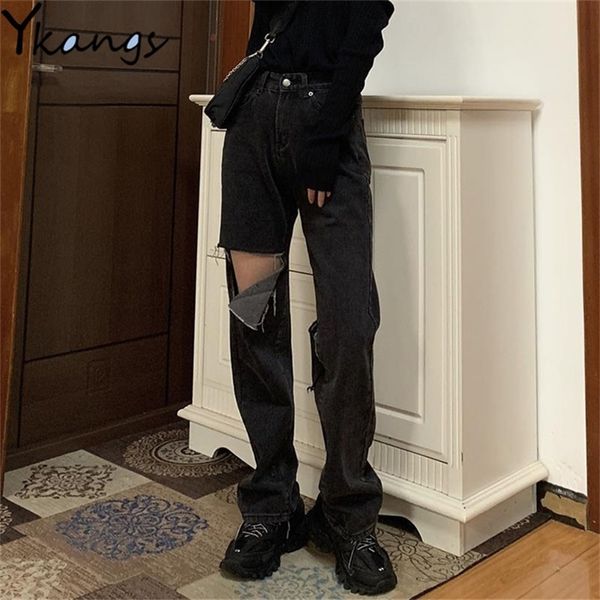 Разорвал джинсы для женщин плюс размер 5XL высокая талия мама джинсы винтажные черные джинсовые брюки полной длины брюк хараджуку полые отверстие 201223