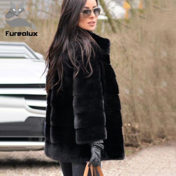 

furealux new style fashion fur coat natural mink stand collar good quality coat women natural black coats of mlnk1
