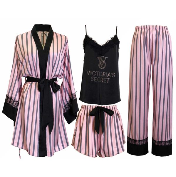 

women's selling diamond imitation silk nightgown sling four piece set with waist closing home clothes women's pajamas large batch, Black;red