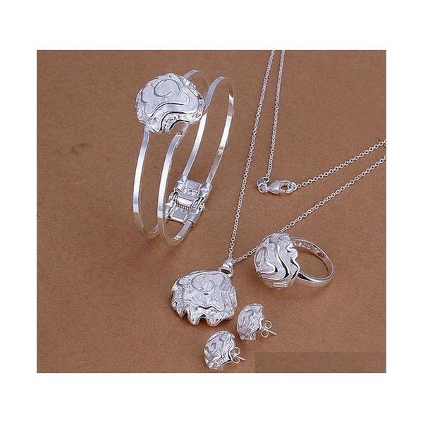 

52g fashion design rose shape 925 silver necklace bracelet earring ring set fit women,925 silver plated jewelry dms322 exy0e, Black
