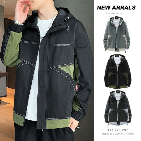 

2020 new men's coat spring and autumn korean fashion casual loose cool color matching hooded jacket, Black;brown