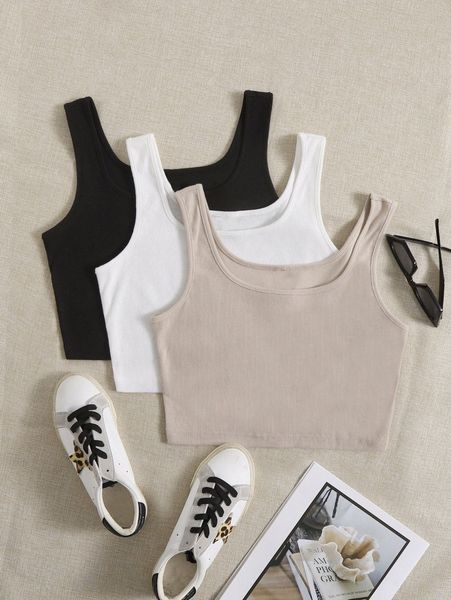 

3 pack solid crop tank k357#, White