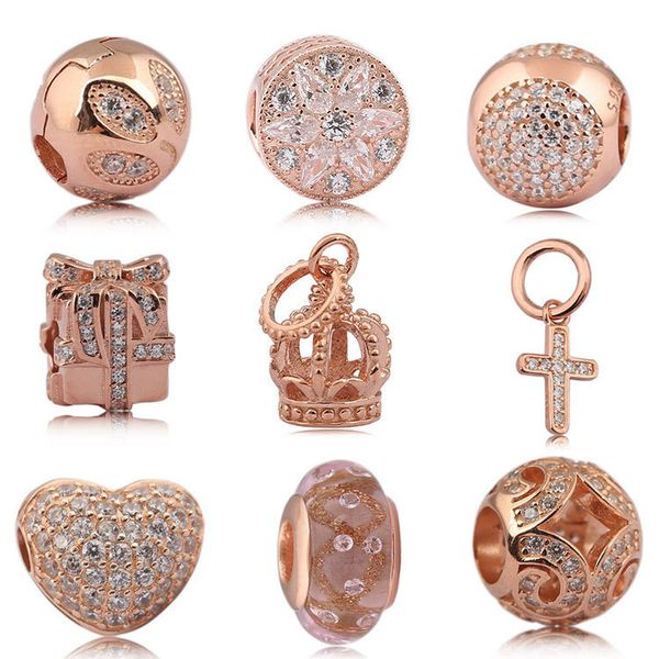 

925 sterling silver crystal clear cz cd rose gold charms european beads fit pandora snake chain bracelet charms jewelry diy making