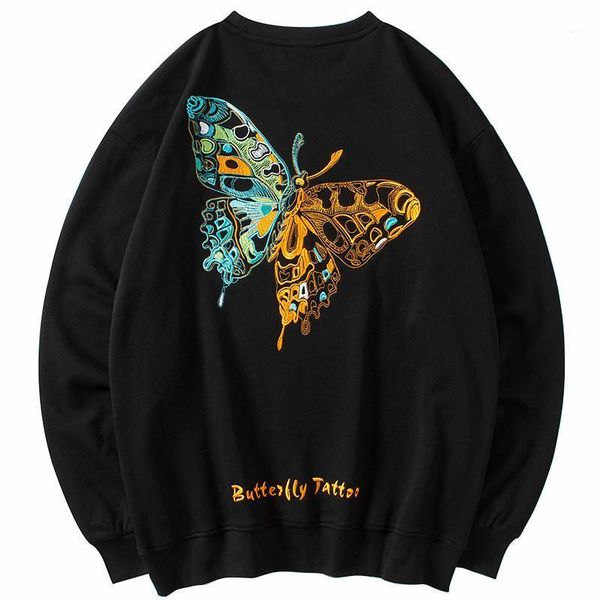 

men hip hop sweatshirt streetwear pullover embroidery butterfly sweatshirt cotton casual sweat shirt hipster black1, White;black