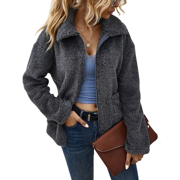 

autumn winter warm soft zipper female overcoat pocket casual outwear women's solid color lapel plush jacket khaki xl, Black;brown