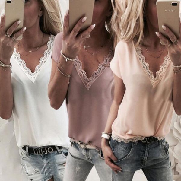 

women short sleeve loose summer ladies casual v-neck tees pure color lace patchwork1, White