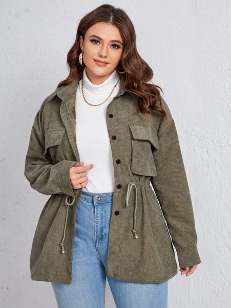 

plus flap pocket drawstring waist drop shoulder corduroy coat a3co#, Black