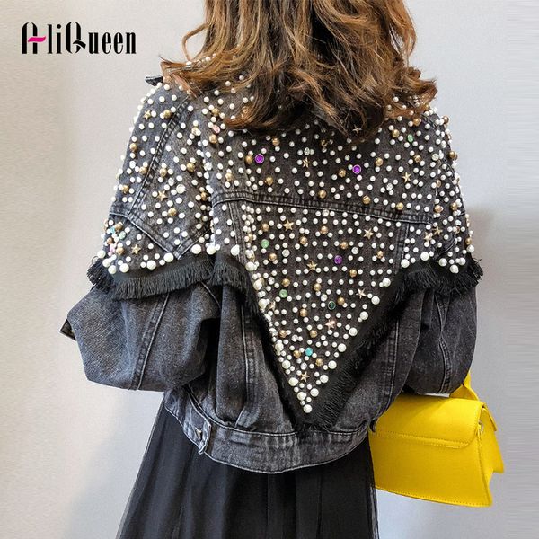 

chaquetas mujer autumn streetwear denim jacket women hand-studded pearls punk tassel veste femme loose short jeans coats 201106, Black;brown