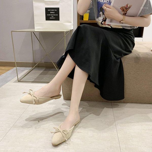 

slippers flock bow flat mules shoes women pointed toe heel outdoor elegant half closed sandals1, Black