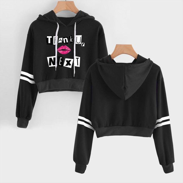 

ariana grande crop hoodie thank u next print harajuku casual hooded cropped sweatshirt pullover sudaderas mujer, Black