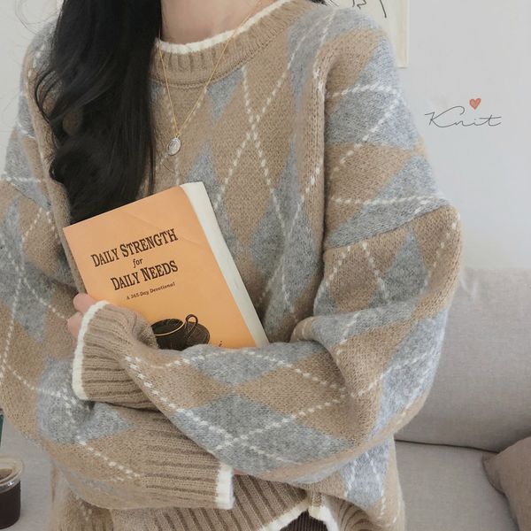 

2021 new women's sweater winter geometric pattern fashion basic casual regular female long sleeve oversize jumpers pullovers nu8e, White