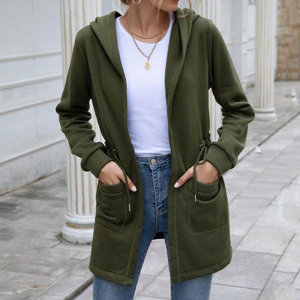 

women elegant solid long sleeve coats jackets autumn casual zipper pocket ladies mid-length windbreaker hooded outerwear, Black;brown