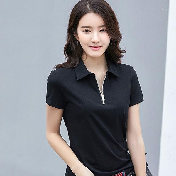

fashion 2020 summer womens short sleeve polos shirts solid color casual cotton ladies lapel zipper tees femal slim -4xl1, White