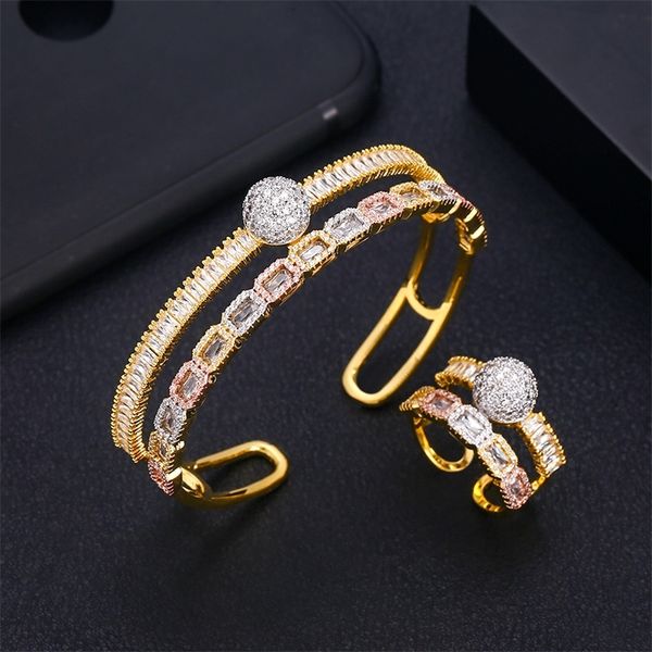 

jankelly luxury unique african bangle ring sets for women wedding cubic zircon crystal cz dubai bridal jewelry set 201222, Slivery;crystal