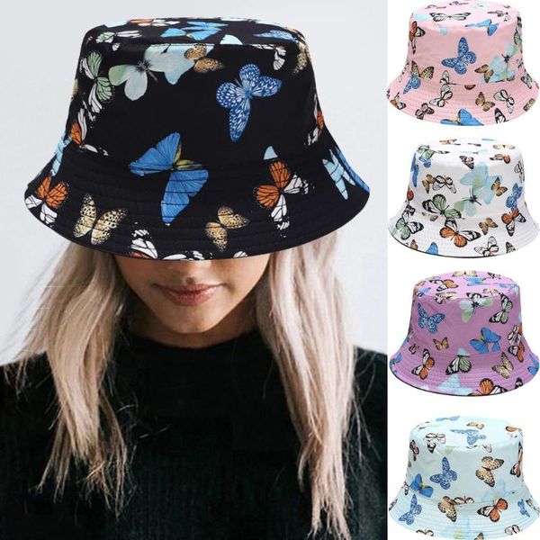 

25# two sides hat women's men foldable butterfly print fisherman hat sun bucket cap outdoor sun protection decoration, Blue;gray