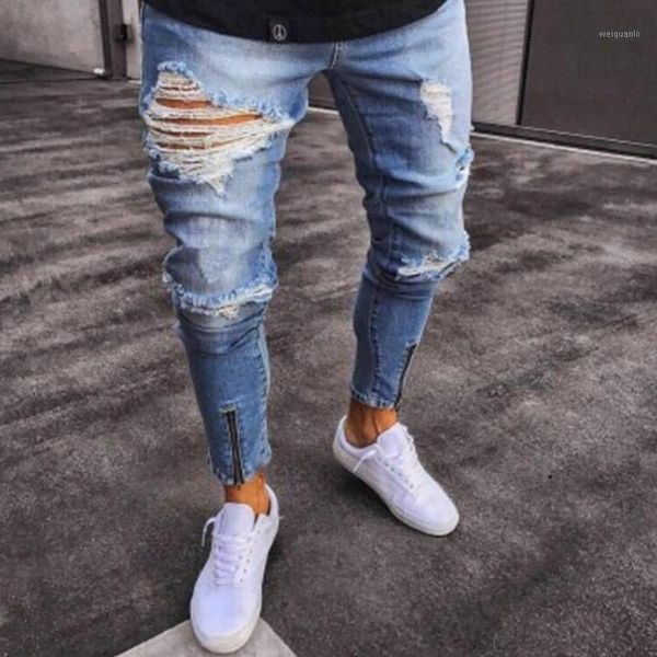 

men's denim pants ripped hole slim jeans men fashion hip hop skinny pencil jeans for men stretch elastic ankle zipper1, Blue