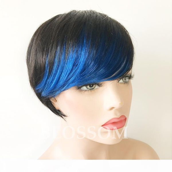 

new ombre short huaman hair wigs red highlight bangs pixie cut capless human hair wigs for black woman, Black;brown