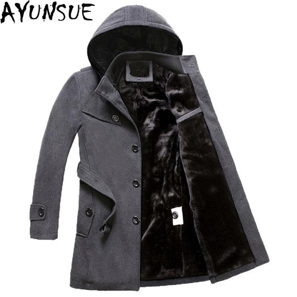 

ayunsue men's black jackets winter brand men woolen coats long jackets and coat male velvet thicken plus size 4xl overcoat lx772