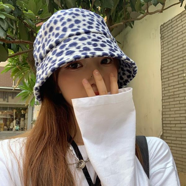 

wide brim hats black white leopard bucket hat y2k aesthetics e girl goth street winter women's retro fisherman's, Blue;gray
