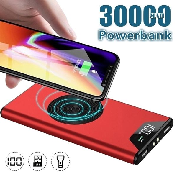 

портативный 30000mah беспроводное зарядное устройство большой емкости power bank ultra thin быстрая зарядка led light digital display power