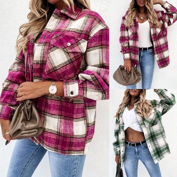 

women's jackets spring and autumn women coat jacket long sleeve lady outwear pocket turn-down collar plaid printed female shirt, Black;brown