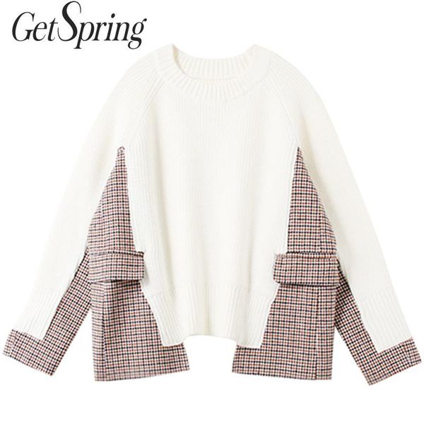 

getspring women sweater lattice patchwork fake two pieces wool pullovers sweater women color matching asymmetry sweaters 2020, White;black