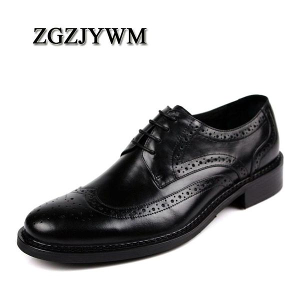 

zgzjywm new fashion arrival oxfords men genuine leather wingtip carved lace up vintage wedding business male men flats shoes, Black