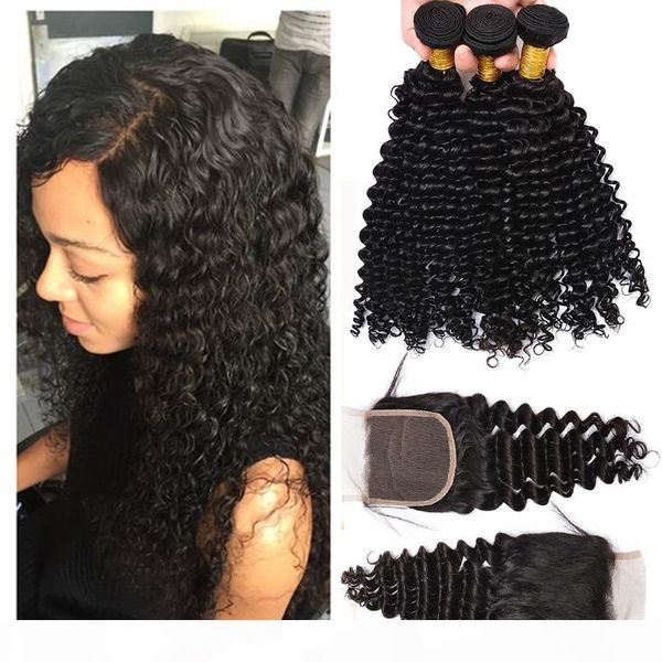 

4*4 lace closure 7a grade peruvian virgin hair deep wave 3 bundles peruvian deep wave with lace closure 100% human hair, Black;brown
