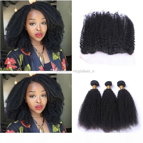 

8a afro kinky curly hair with lace frontal closure 4pcs lot ear to ear lace frontal with baby hair and human hair bundles, Black