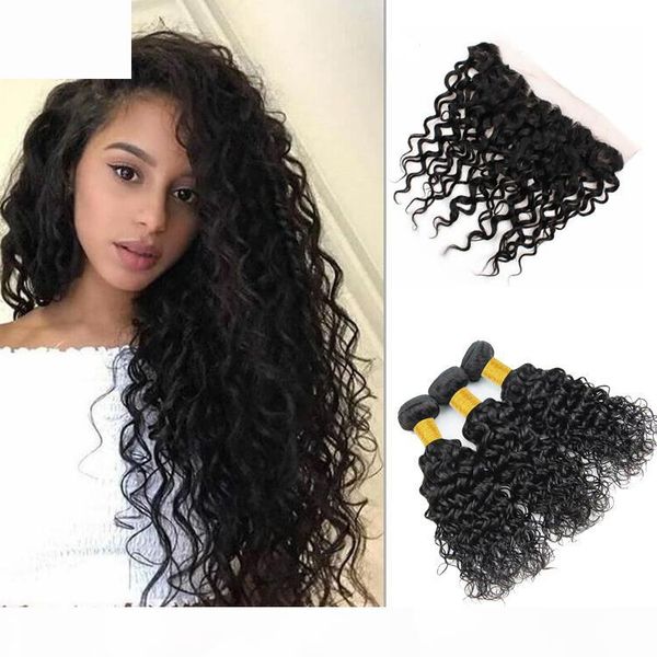 

grade virgin hair bundles with closure water wave cuticle aligned double weft remy human hair 3 bundles with 13x4 swiss lace closure, Black;brown