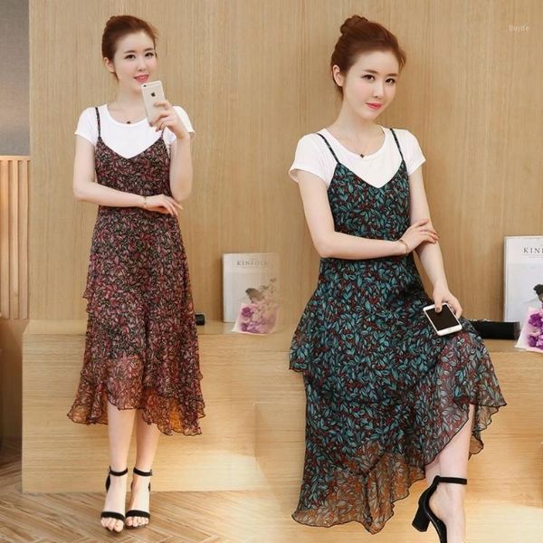 

2020 new summer women clothes round neck white short sleeve t-shirt + midi floral chiffon strap dress suit two piece set m571