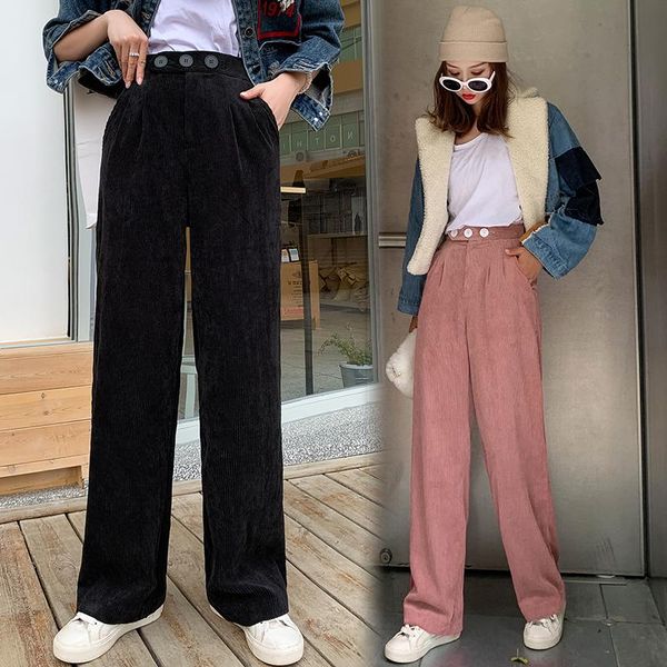 

casual loose high waist corduroy pants women winter wide-legged trousers female wide-legged pants 2020 women's trousers, Black;white